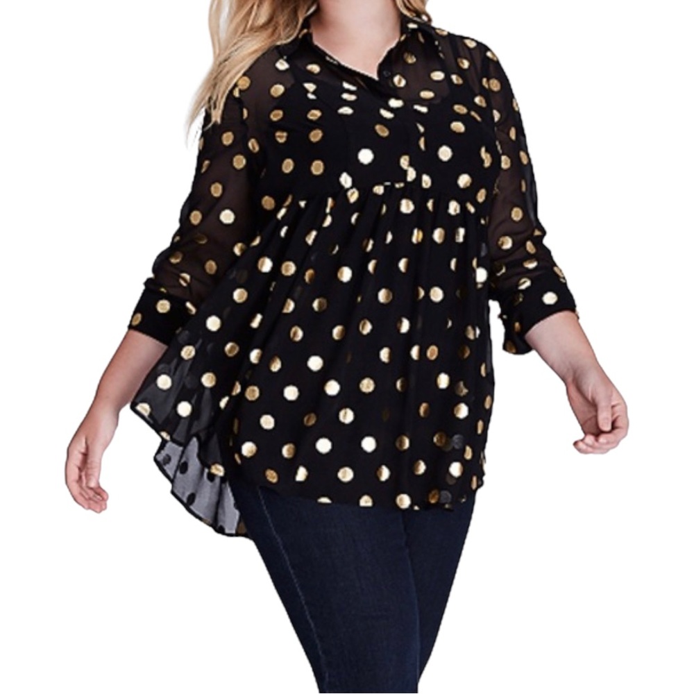 Lane Bryant Metallic Gold Dot Sheer Blouse Size 14-16
